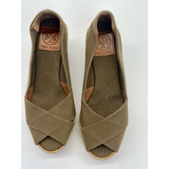 Tory Burch Woven Textile Peep Toe Wedges Sandals Rope Tan Brown Sz 7 B Casual - Picture 4 of 6